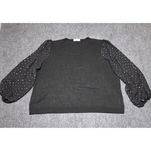 89th + Madison Womens 1X Black Gold Foil Polka Dot Balloon Sleeve‎ Top Blouse